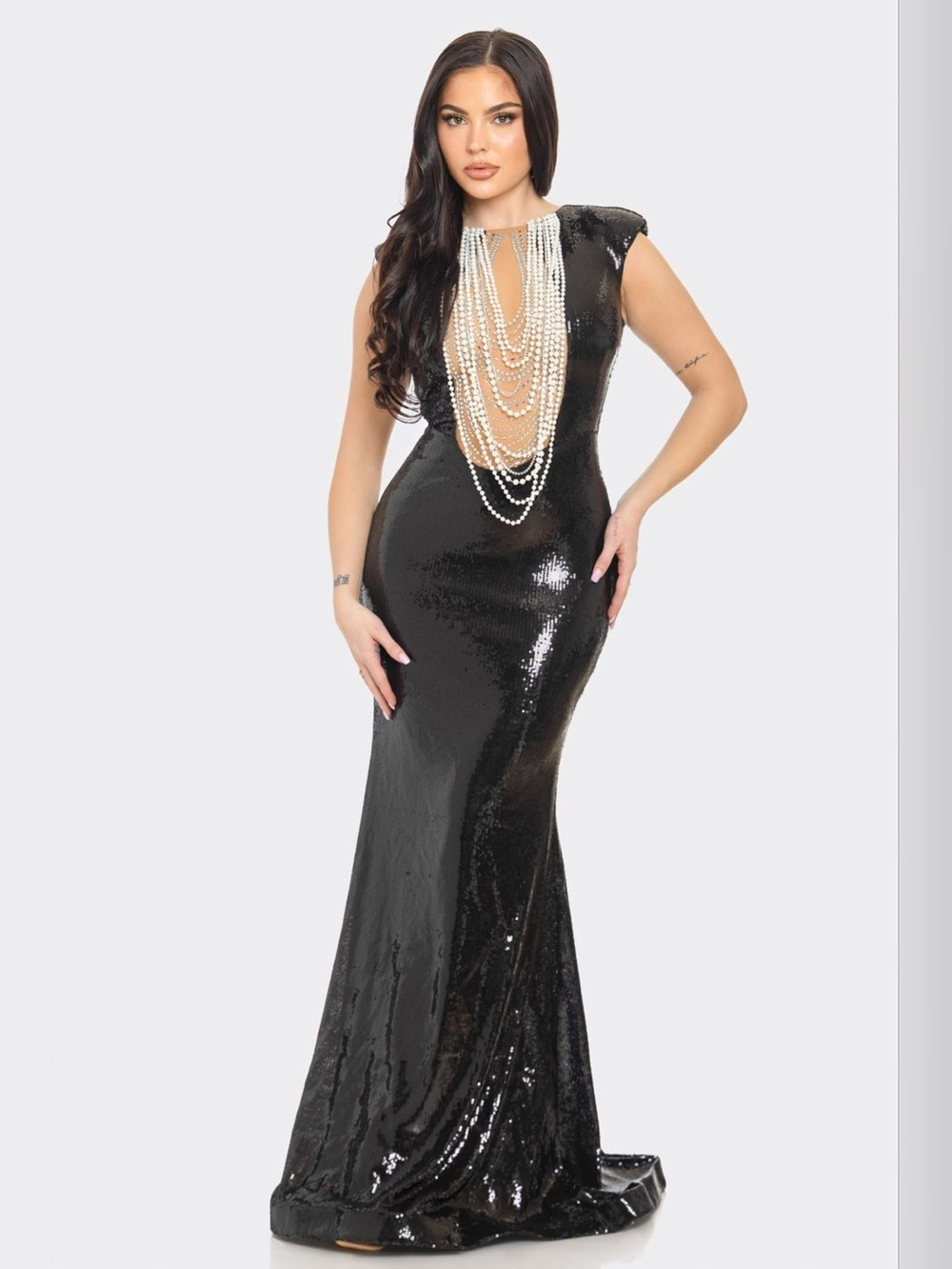 Banjul Black Pearly Nights Sequin Mermaid Maxi Gown Beaded Stretchy Size S